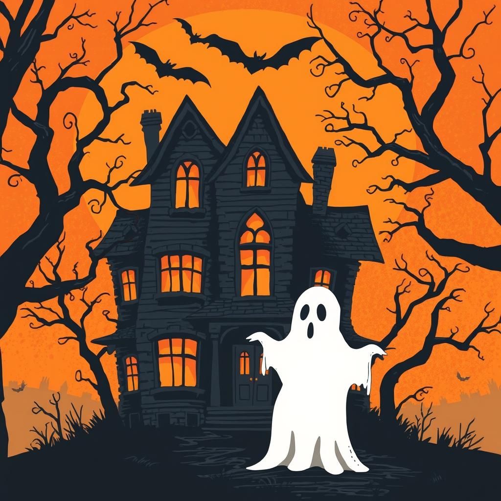 Eerie Haunted House with Ghost in Vintage Halloween Style