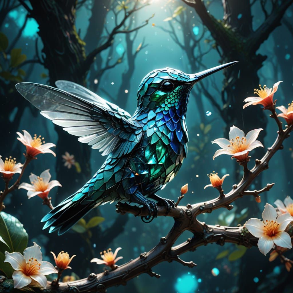 Sapphire Hummingbird on Blossoming Branch: 3D Gemstone Art
