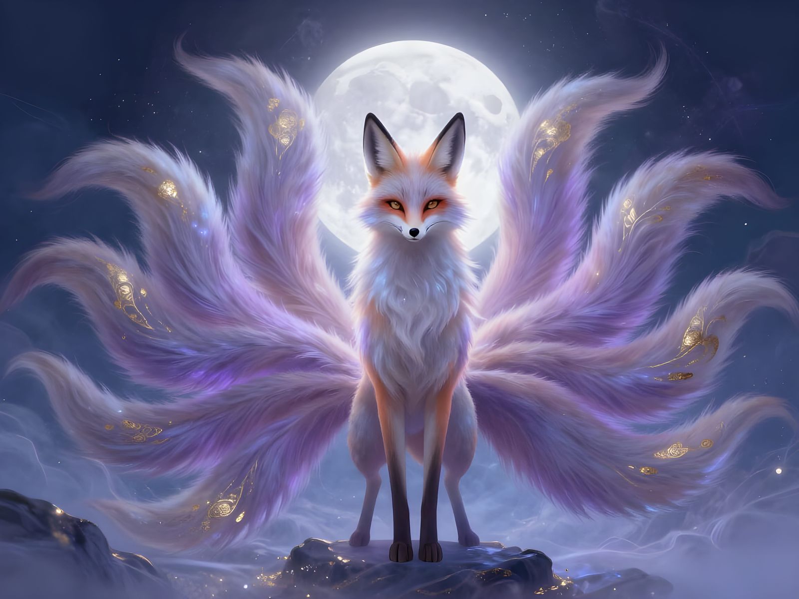 Mythical Nine-Tailed Fox in Ethereal Moonlit Landscape