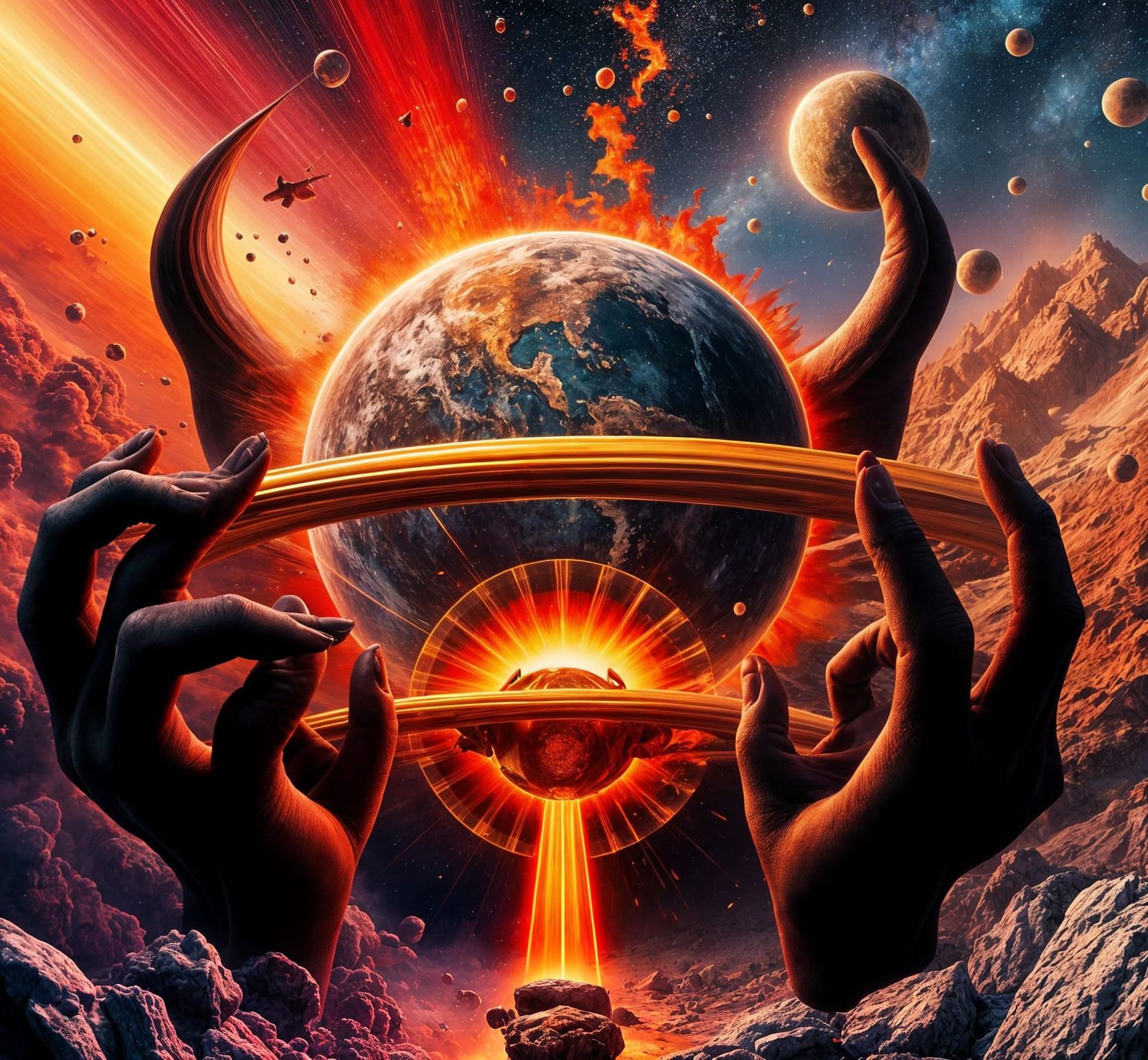 Surreal Ringed Planet with Spaceship, Dali Style