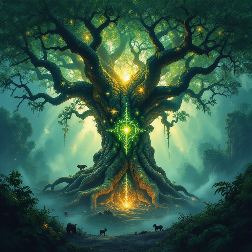 Ancient Cosmic Tree in Misty Forest