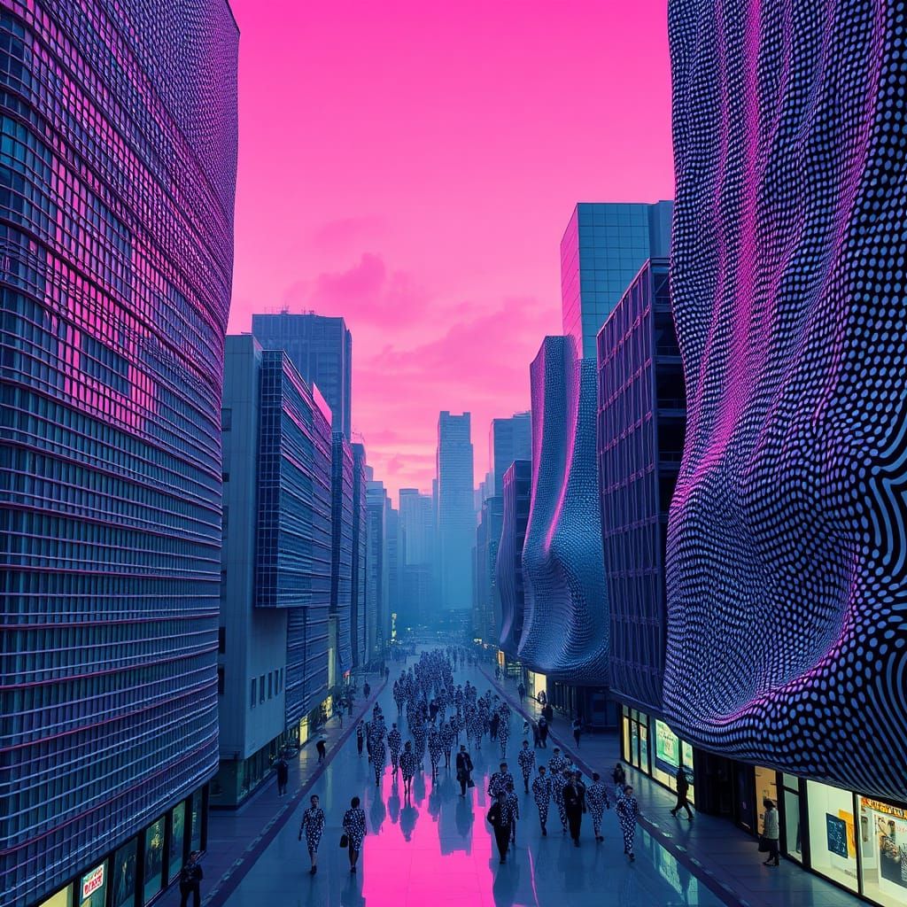 Surreal Cityscape at Dusk in Geometric Grids and Striped Pat...