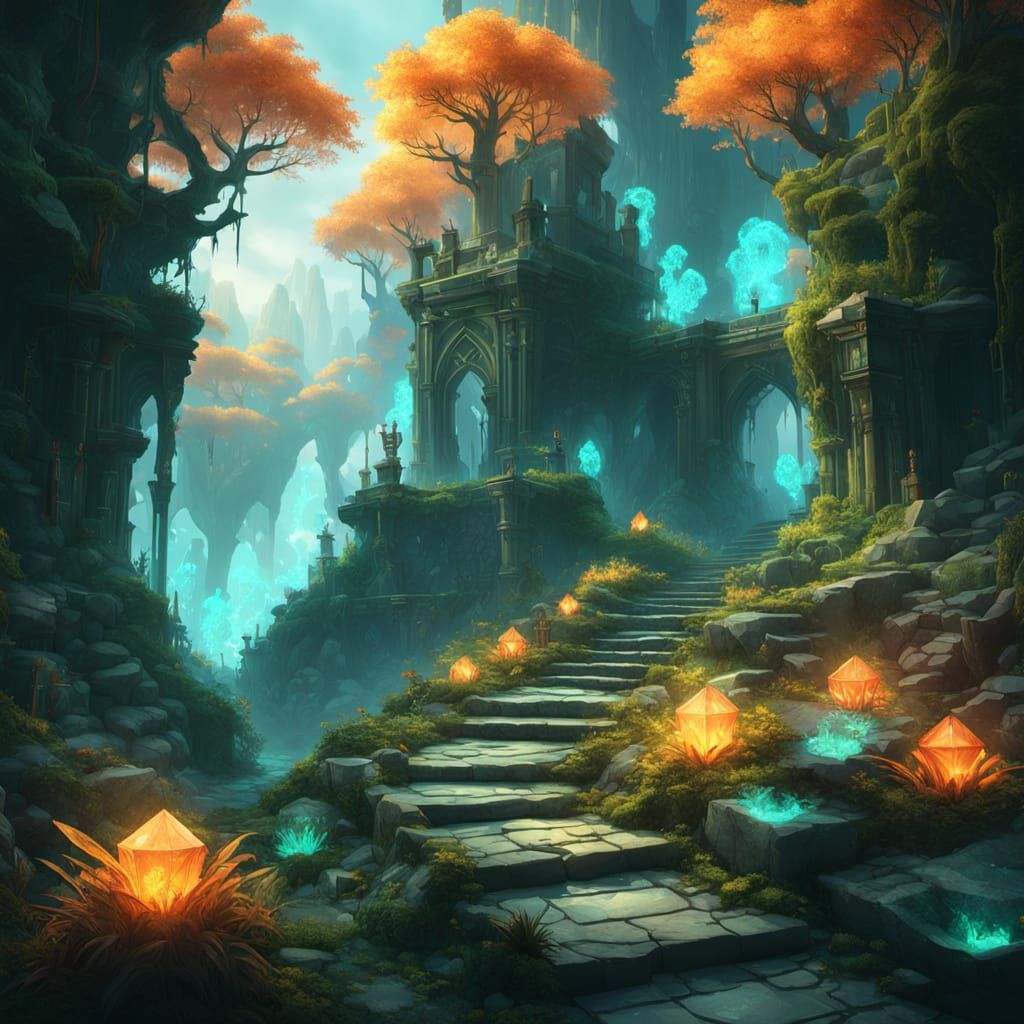 Glowing Crystal Pathway in Triadic Colors