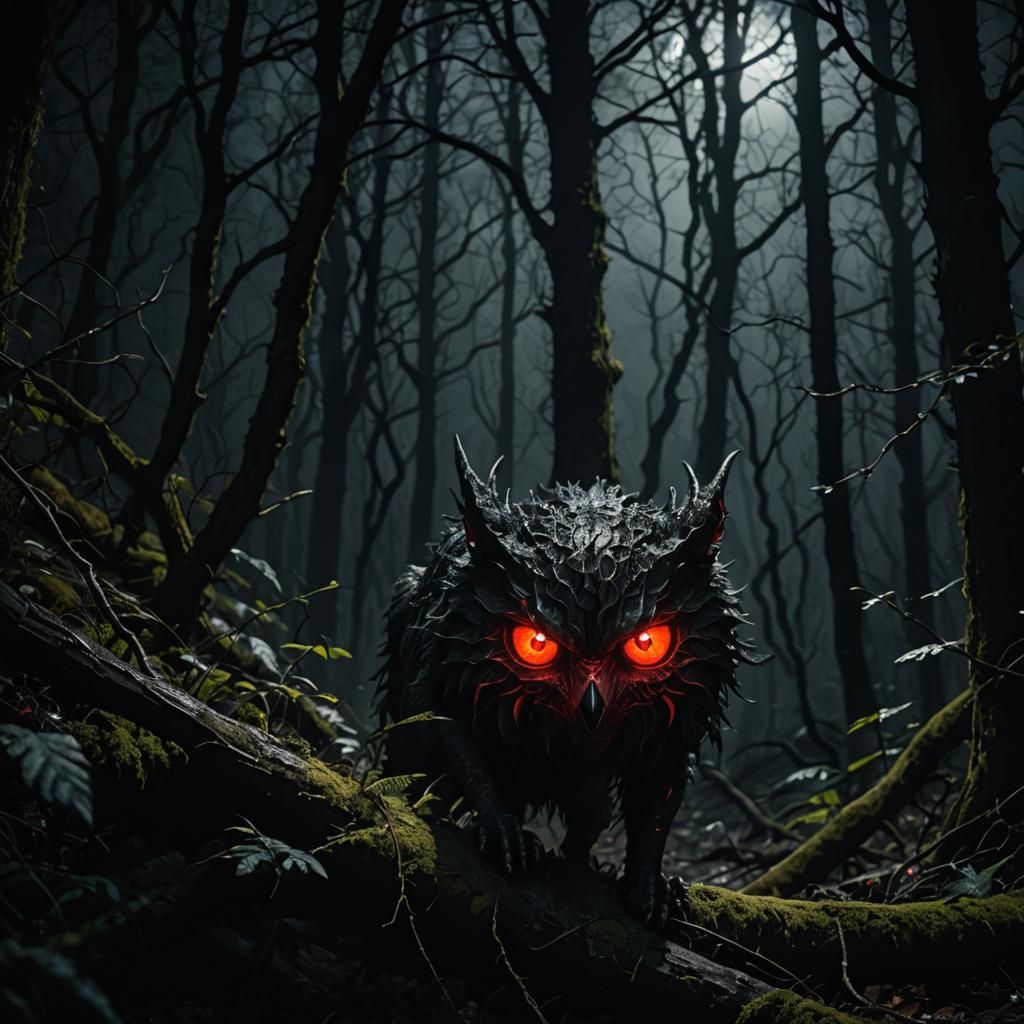 Glowing Red Eyes in Dark Forest