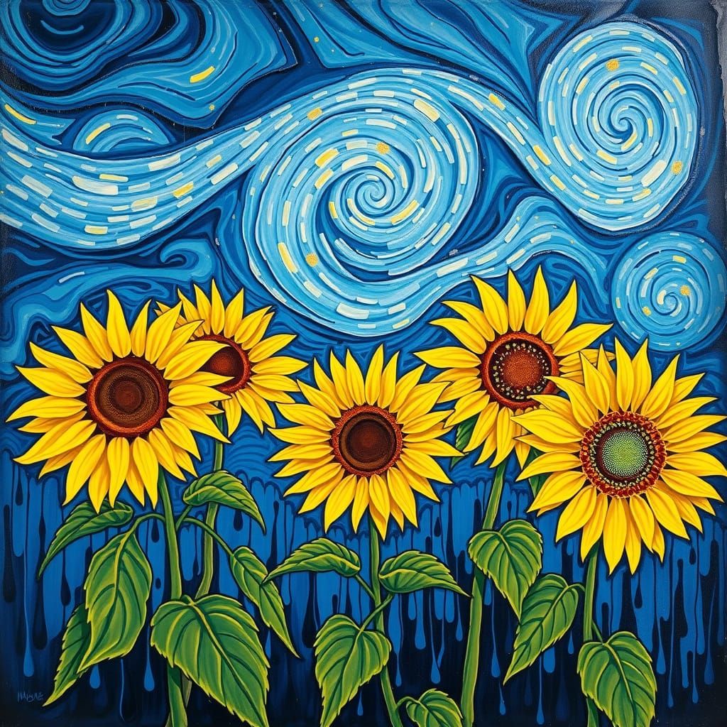Vibrant Sunflowers Under Starry Night Sky in Expressive Oil ...