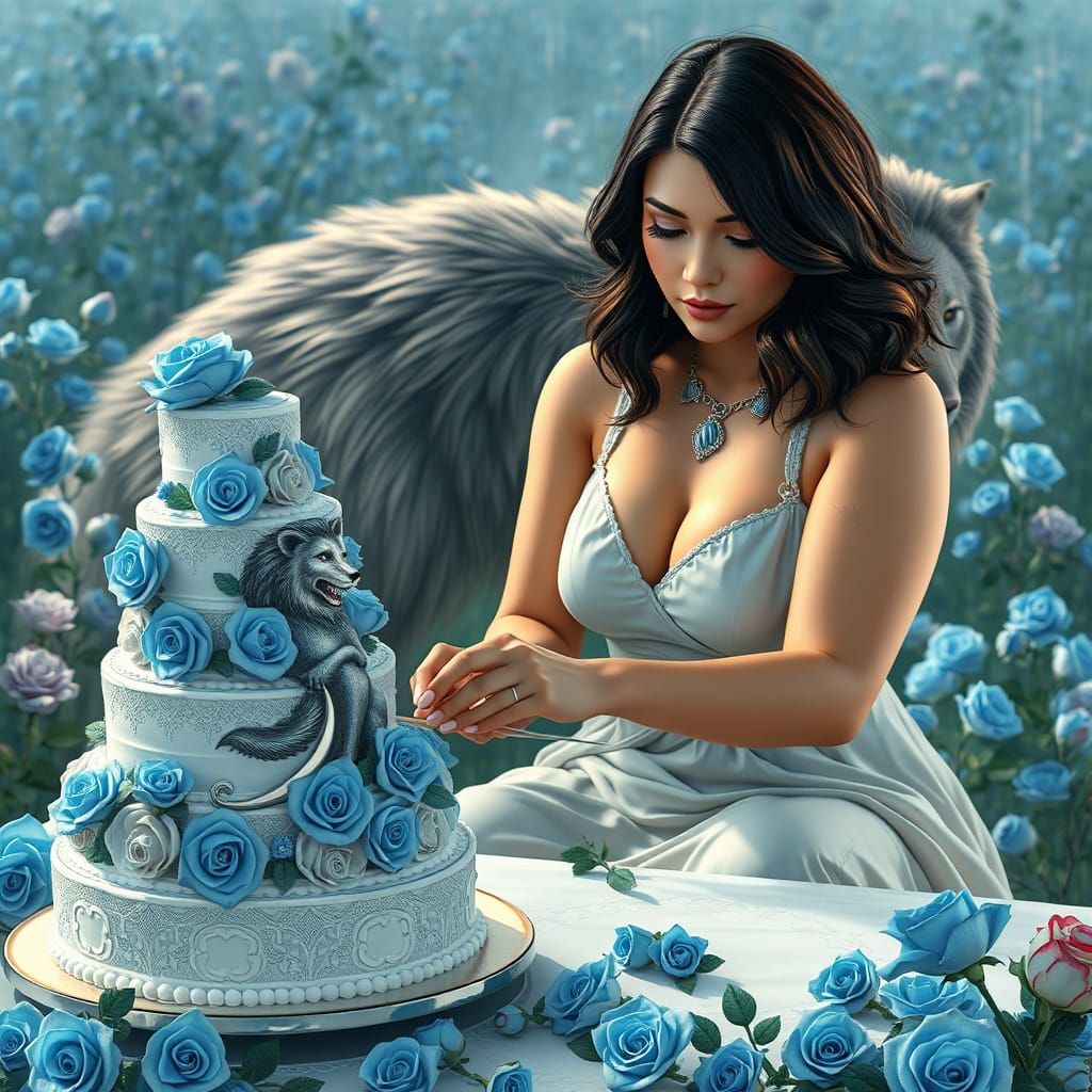 Curvy Woman Carves Ice Cake in Rose Field with Wolf and Lion...