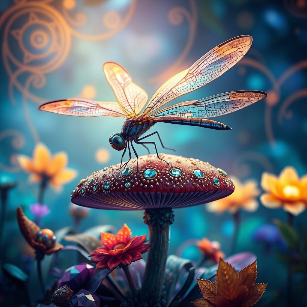 Majestic, Iridescent Dragonfly in Whimsical, Sacred Geometry...