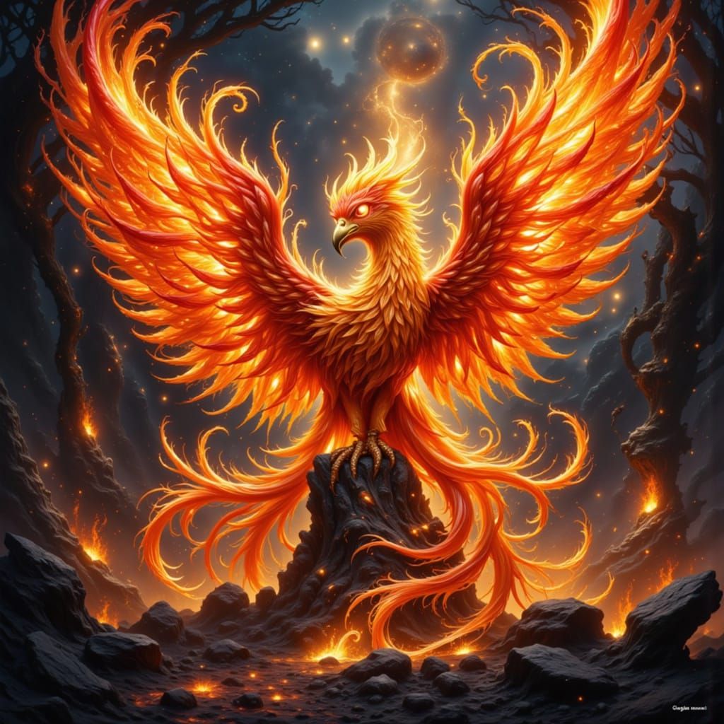 Fiery Phoenix Rises from Ashes in Digital Painting