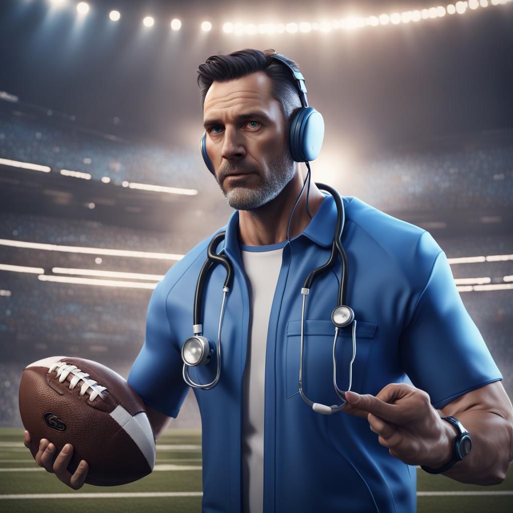 Mid-30s Football Coach with Stethoscope, Detailed Matte Pain...