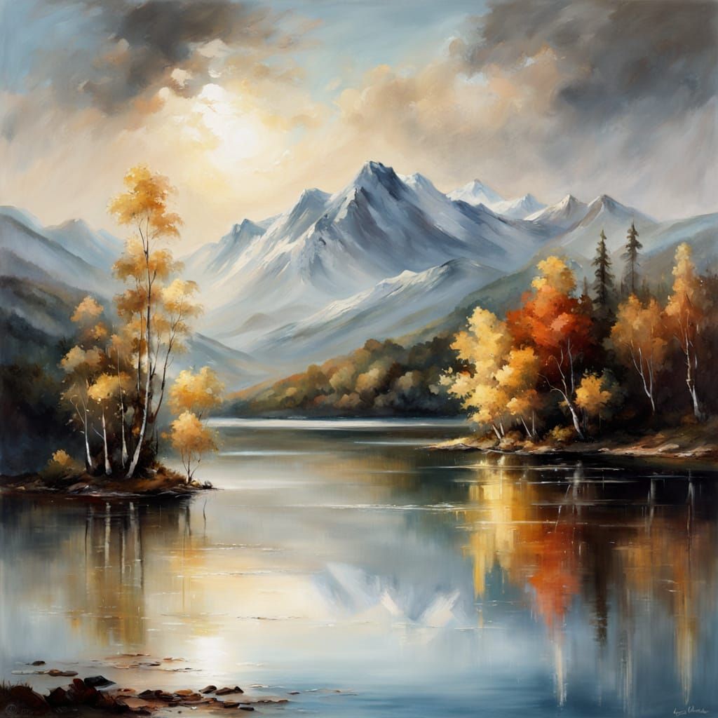 Sunlit Mountain Lake with Birches in Oil Painting Style