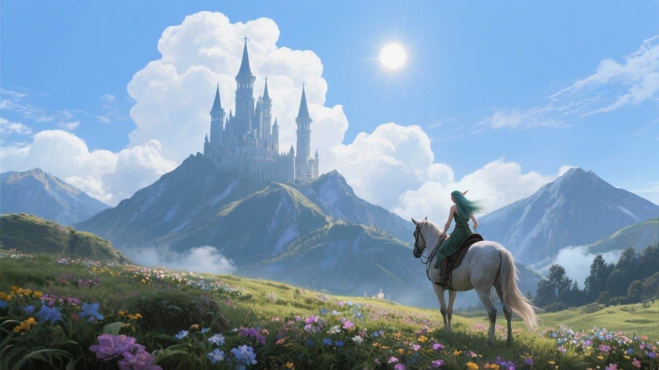 Fairy Castle on Mountain Top in Fairytale Lighting