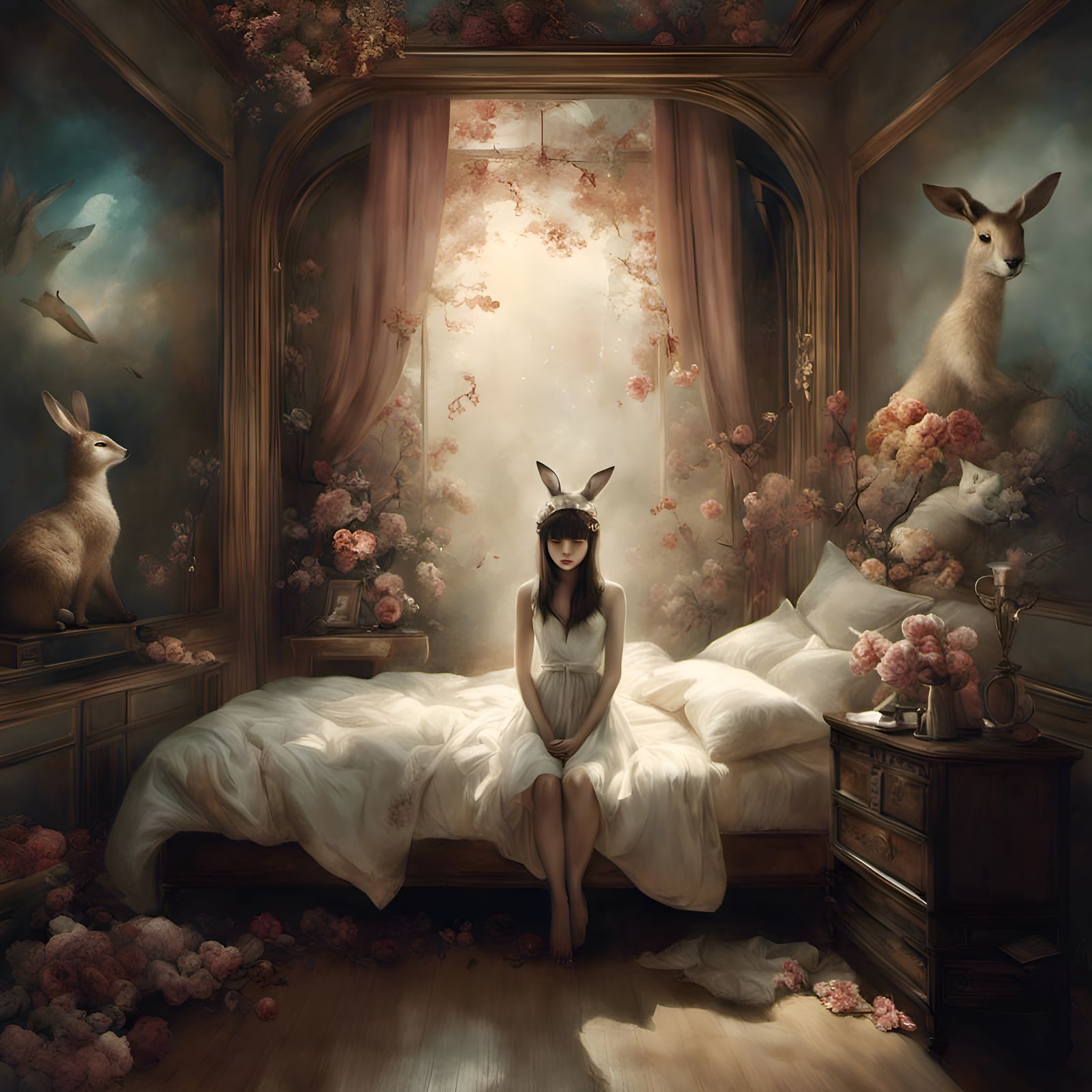 Girl in Dreamy Bedroom, Illustrative Art Style