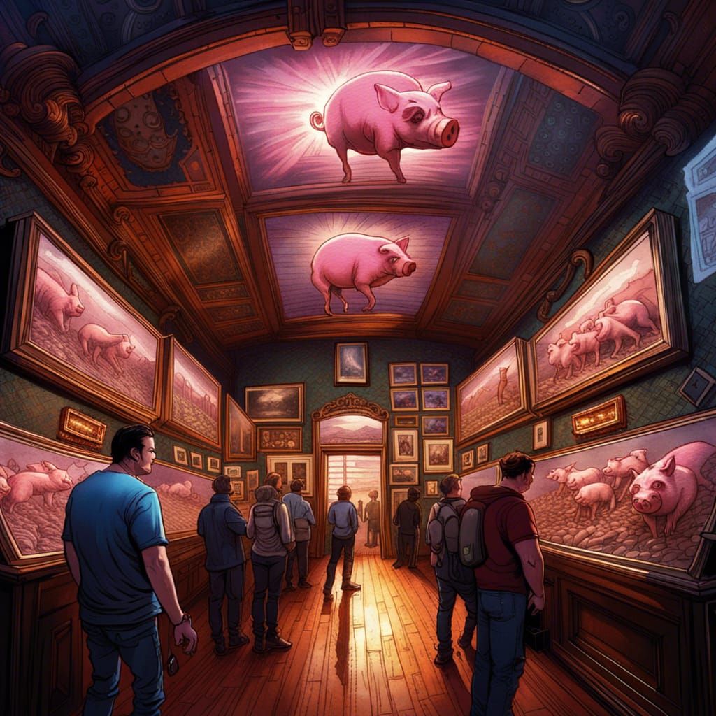People Viewing Piggy Museum in Comic Book Art Style