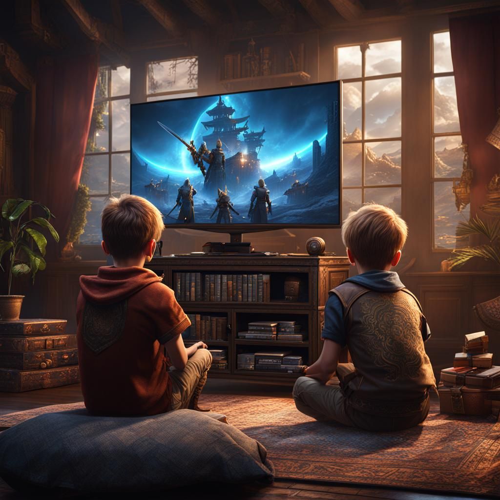 Brother and Sister Play Video Game in Matte Painting Style