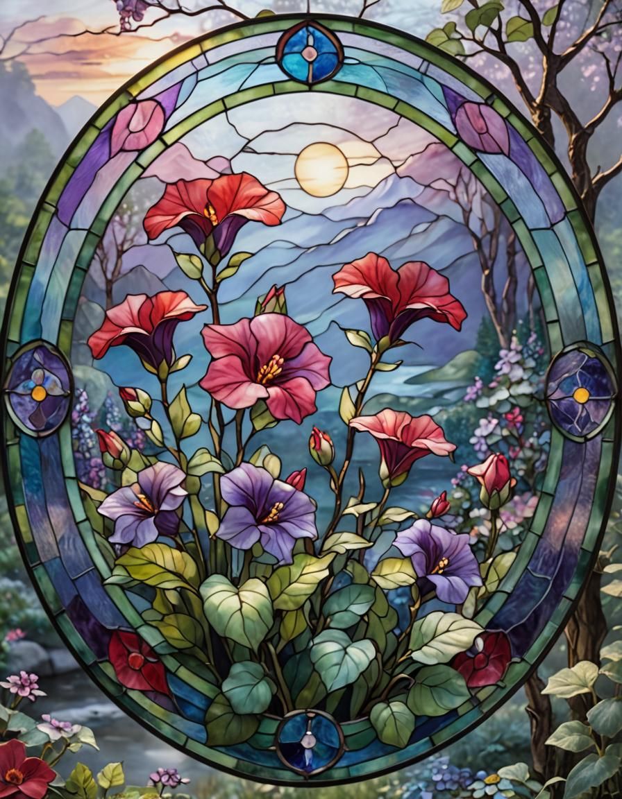 Red Gloxinia in Dreamy Stained Glass Art