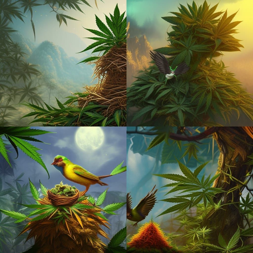 Bird Nesting with Cannabis Tree: Detailed Matte Painting