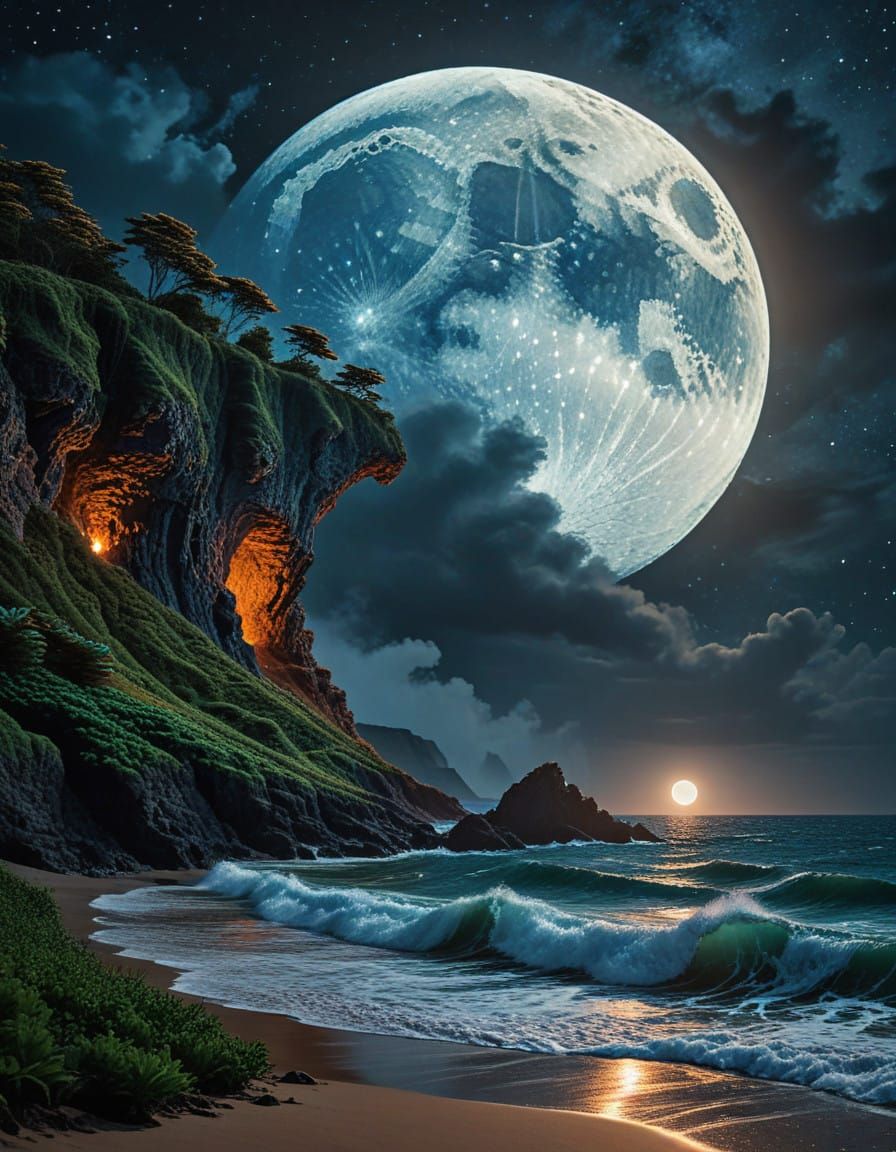 lush cliff and moonlit sea