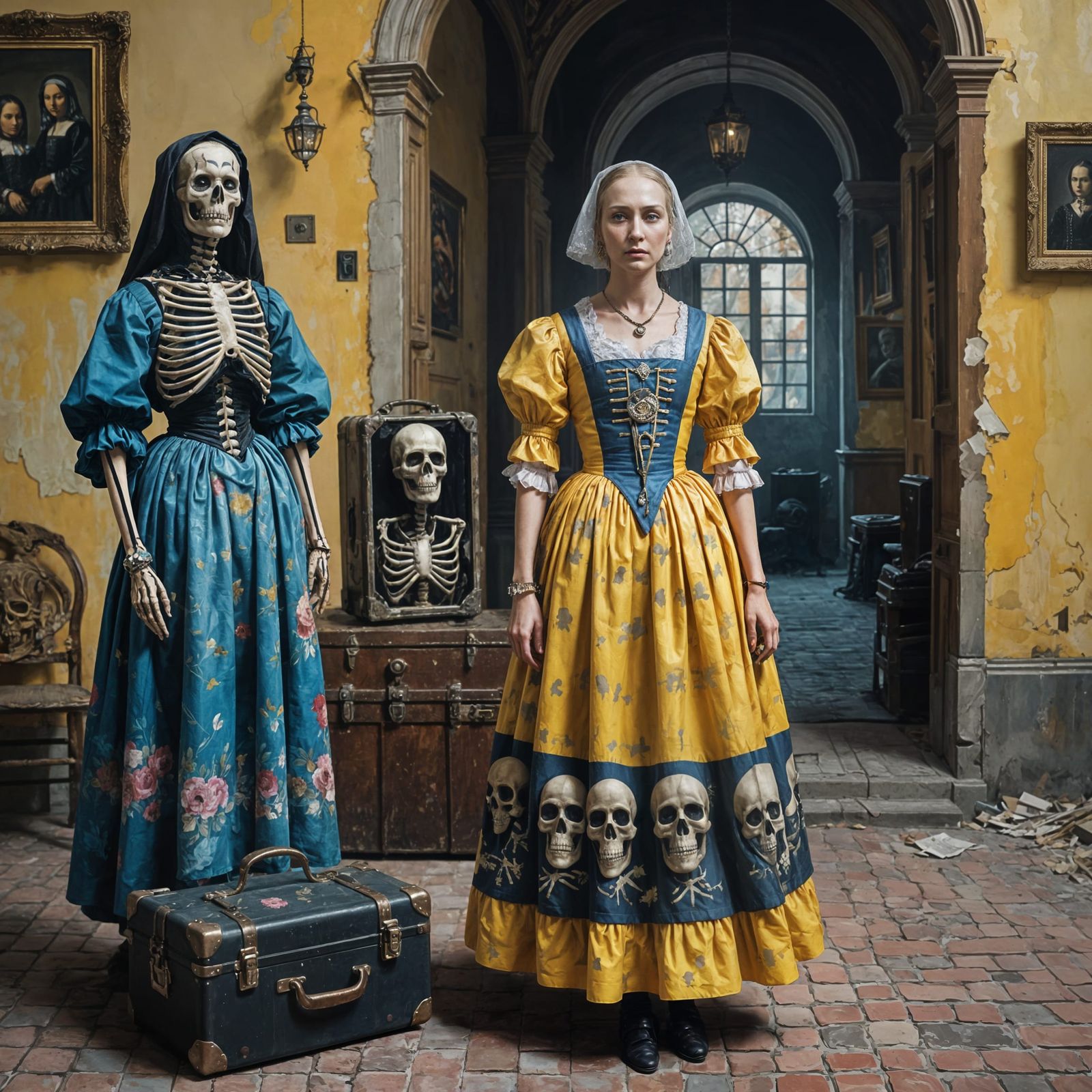 Putin with Skeletons in Vermeer Style, Pastel Goth Art