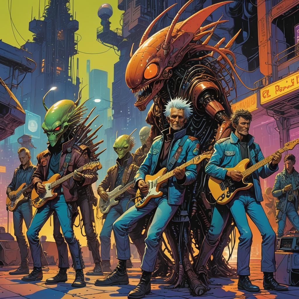 Alien Punk Band on Neon Stage, Moebius Comic Style