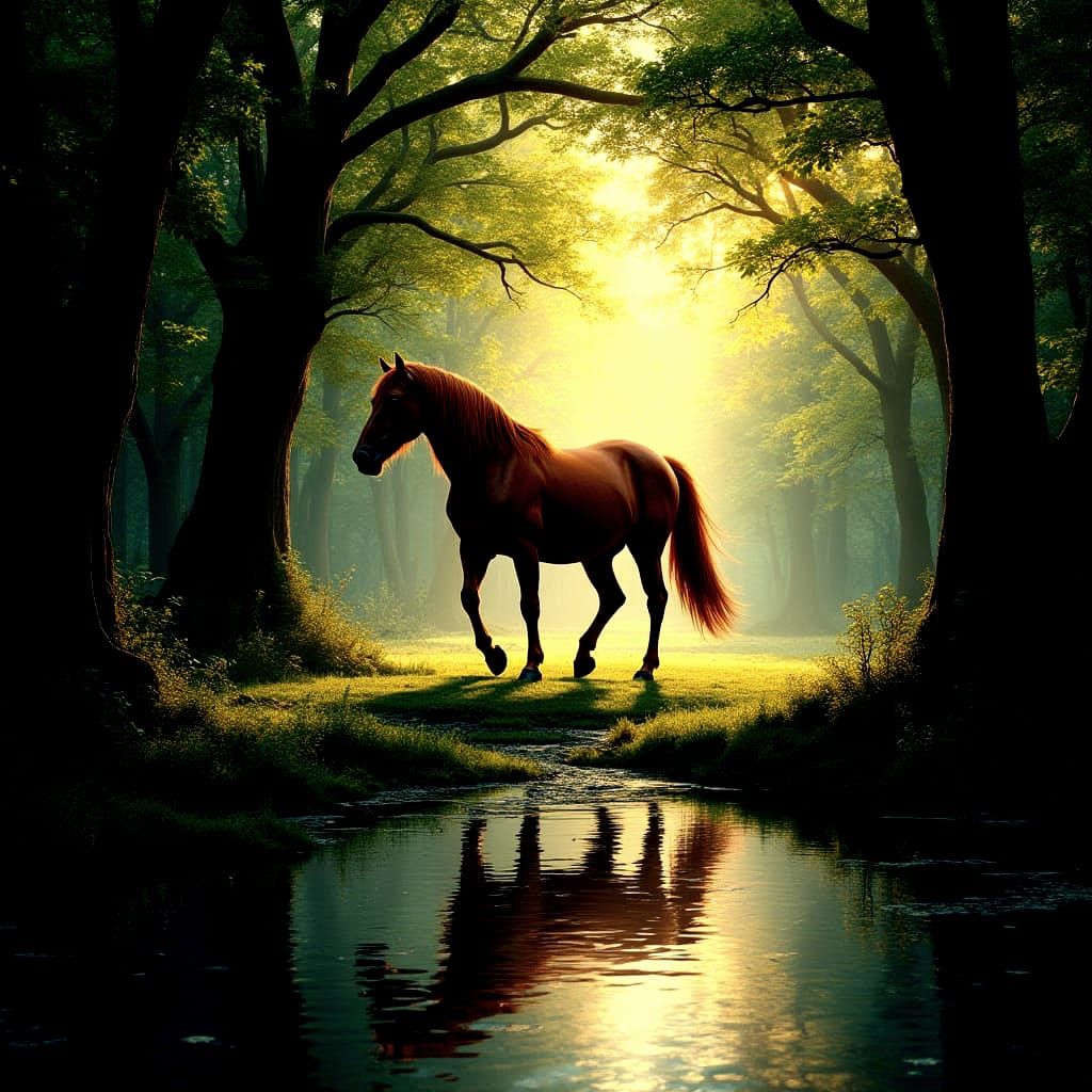 Majestic Chestnut Mare Approaches Serene Lake in Golden Ligh...