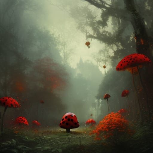 Fantasy Mushroom Woman in Dreamlike Landscape