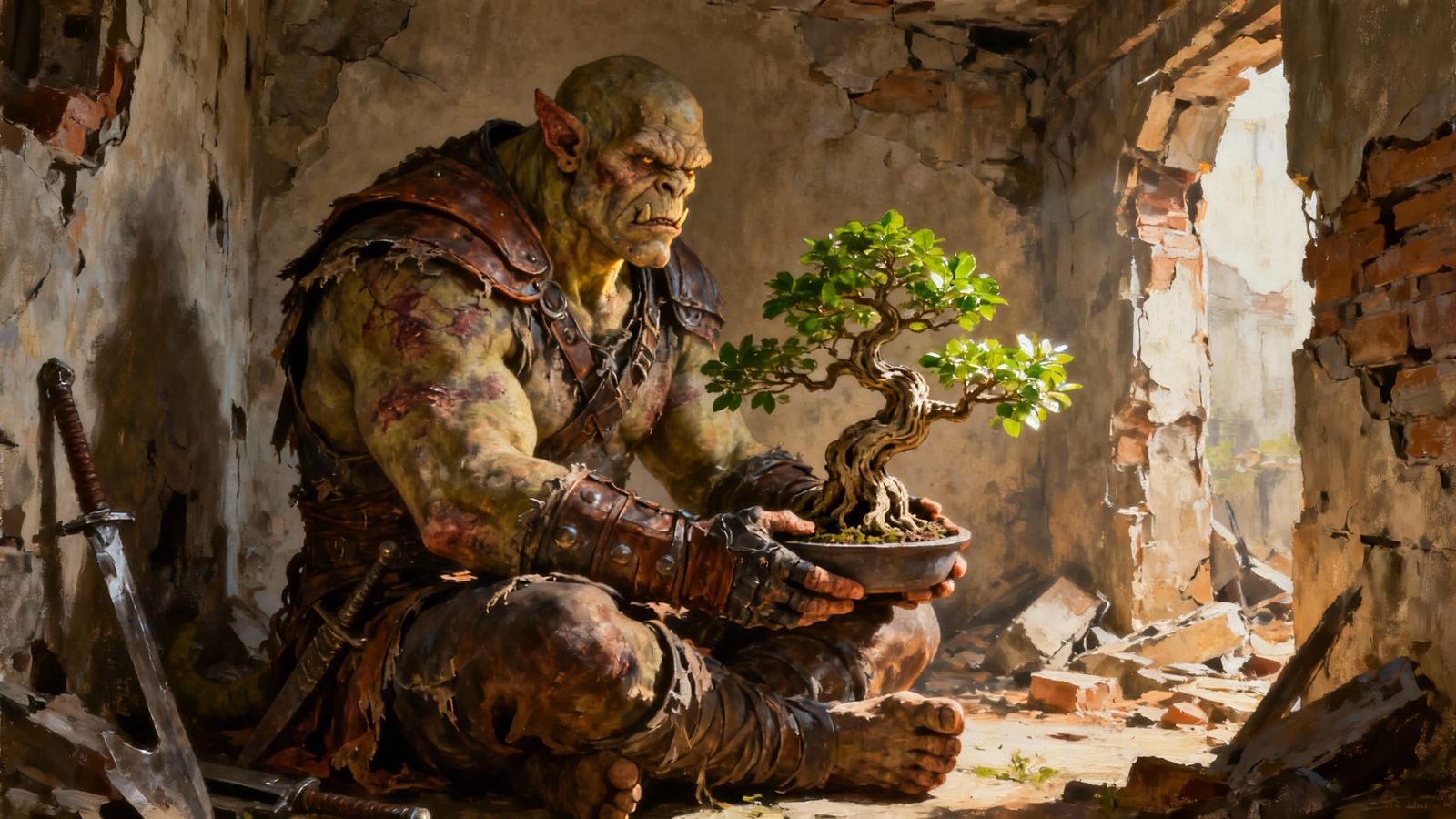 Orc Tends Delicate Bonsai in Ruined Alcove Oil Painting