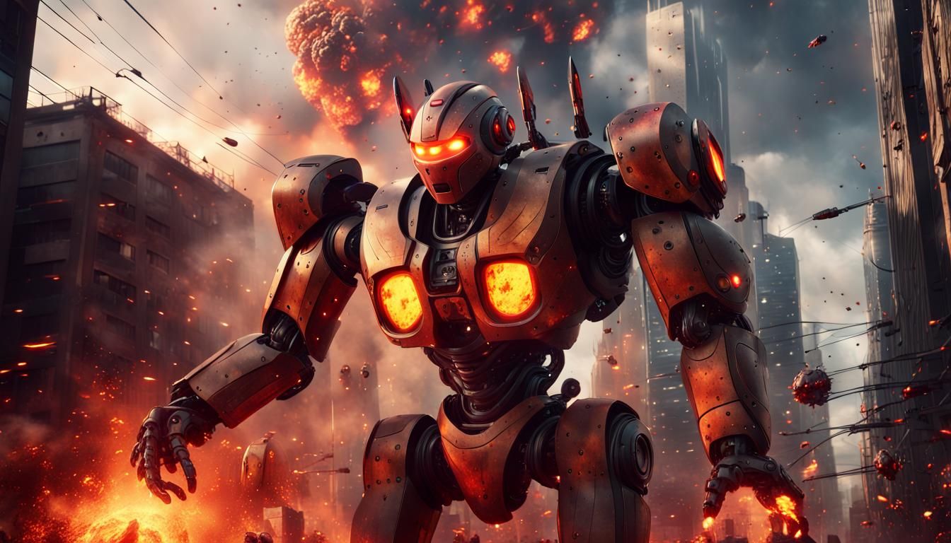 Giant Robot Rises in Fiery Cityscape: Digital Matte Painting