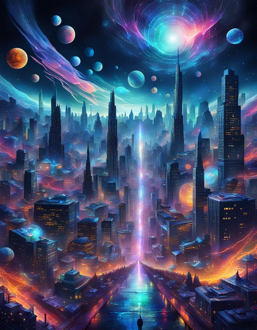 Chaotic Night City: Holographic Astral Illustration