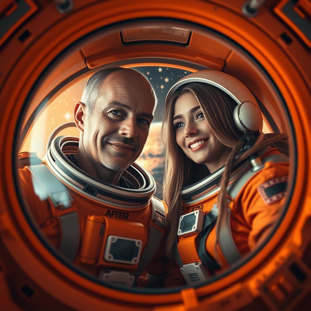 Happy Astronauts in Futuristic Orange Space Suits