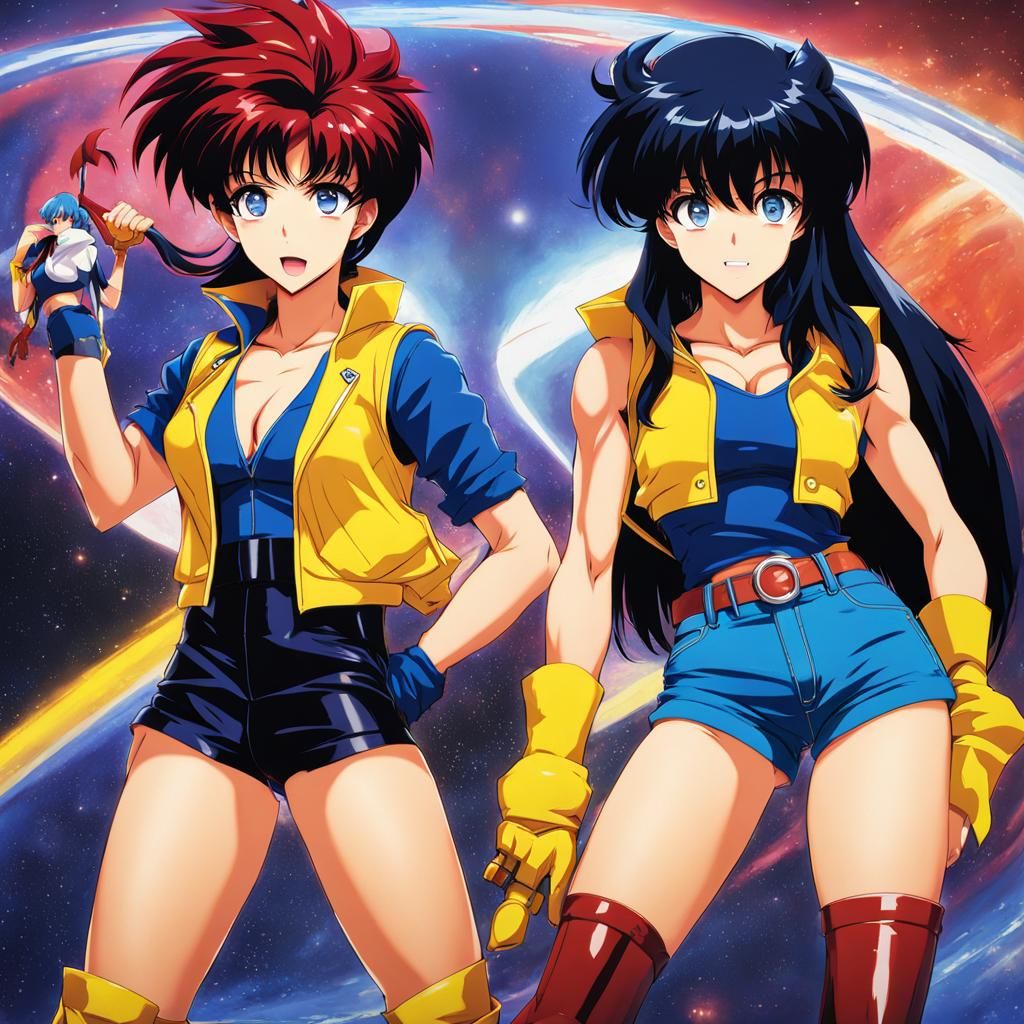 Anime Dirty Pair Short red hair with blue short vest, blue s...