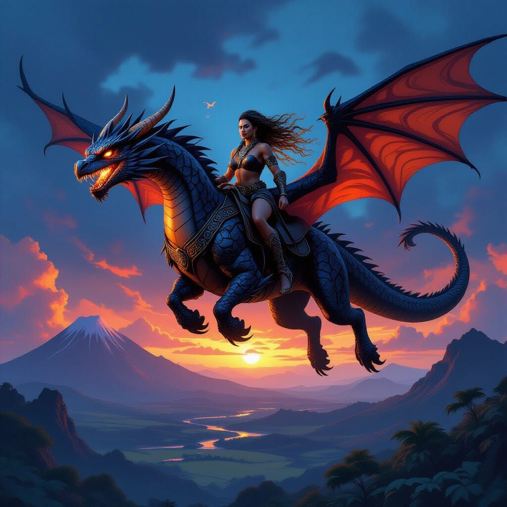 Dragon Rider Soaring Over Volcanic Lands