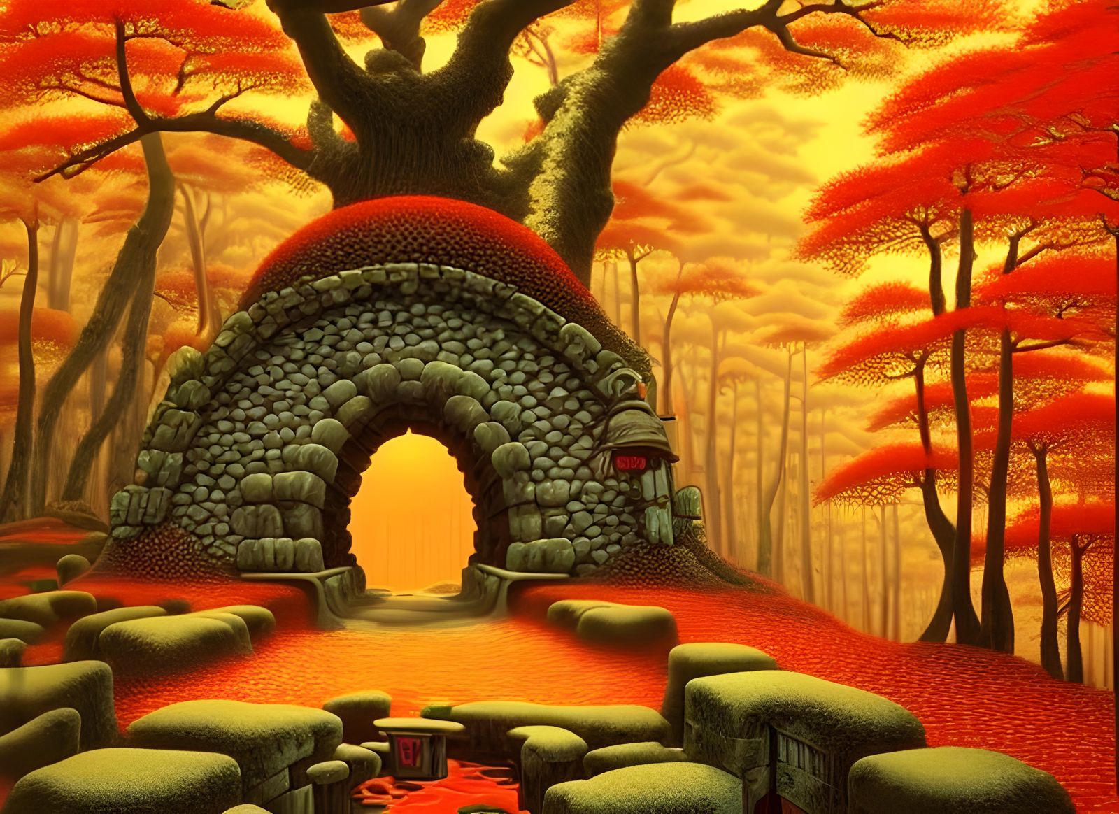 Autumn Fortress Entrance in Surrealist Style
