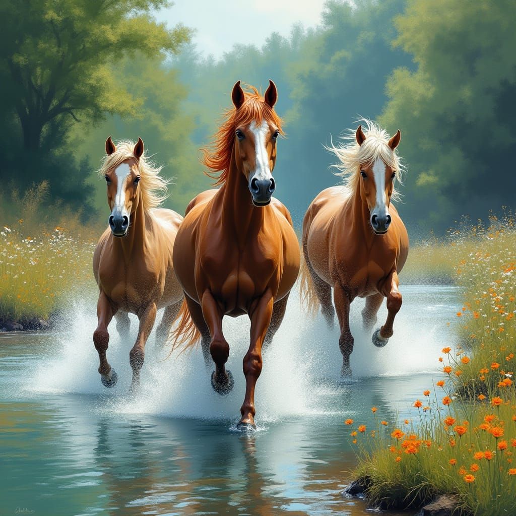 Majestic Wild Horses in Impressionist Style