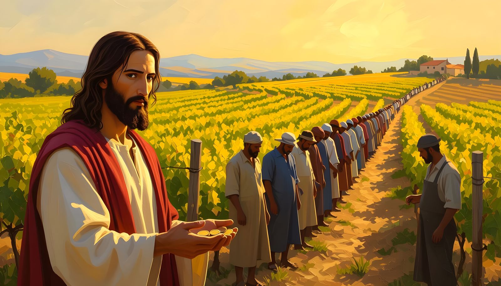 Vineyard Owner Pays Workers: Neo-Impressionist Oil Painting