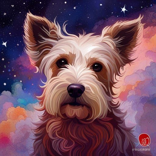 Terrier Dog Among the Stars: Impasto Gouache Illustration