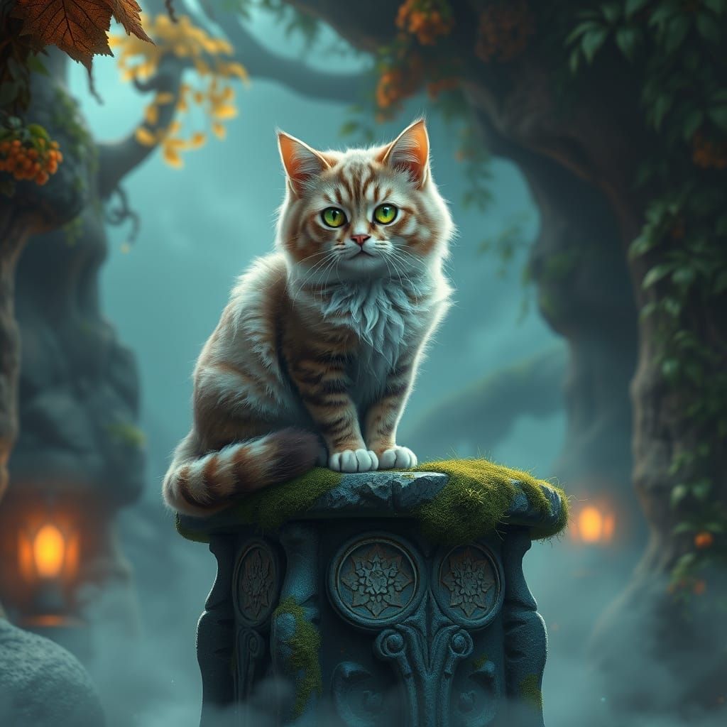 Regal Fantasy Cat on Ancient Pedestal