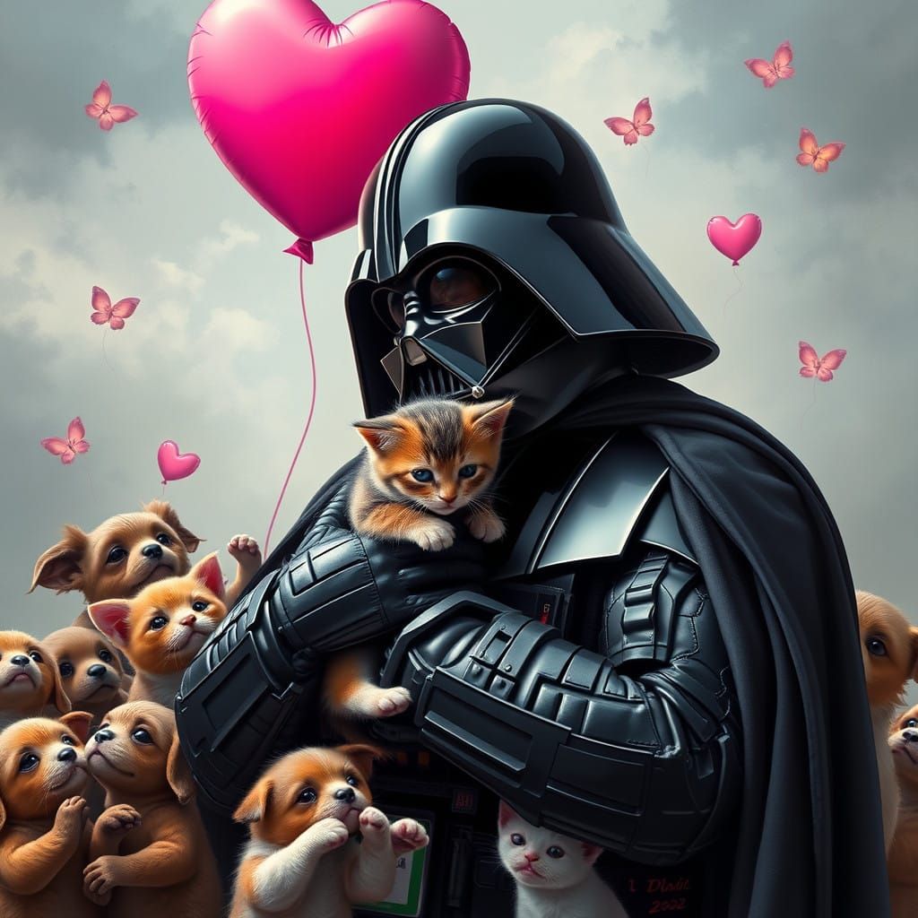 Affectionate Darth Vader Cuddles Kittens and Puppies