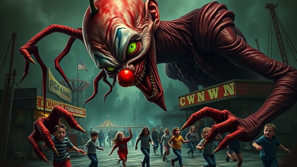 Grotesque Clown Devours Fleeing Children in Twisted Carnival