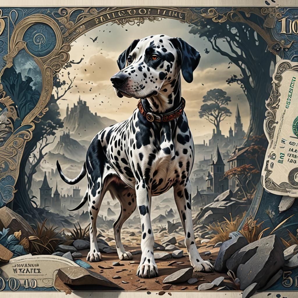 Dalmatian Dog on Banknote: Detailed Fantasy Art