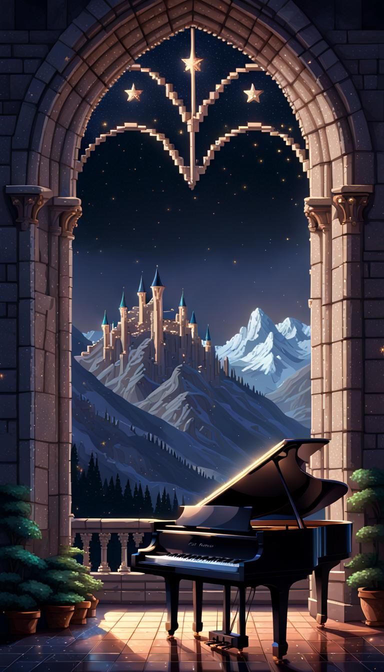Pixel Art Piano Under Sparkling Stars