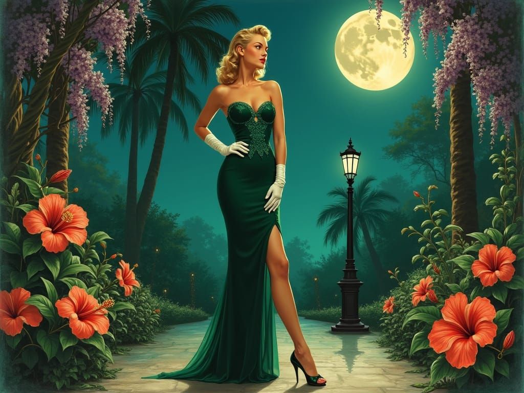 Vintage Hollywood Pinup Goddess in Emerald Gown