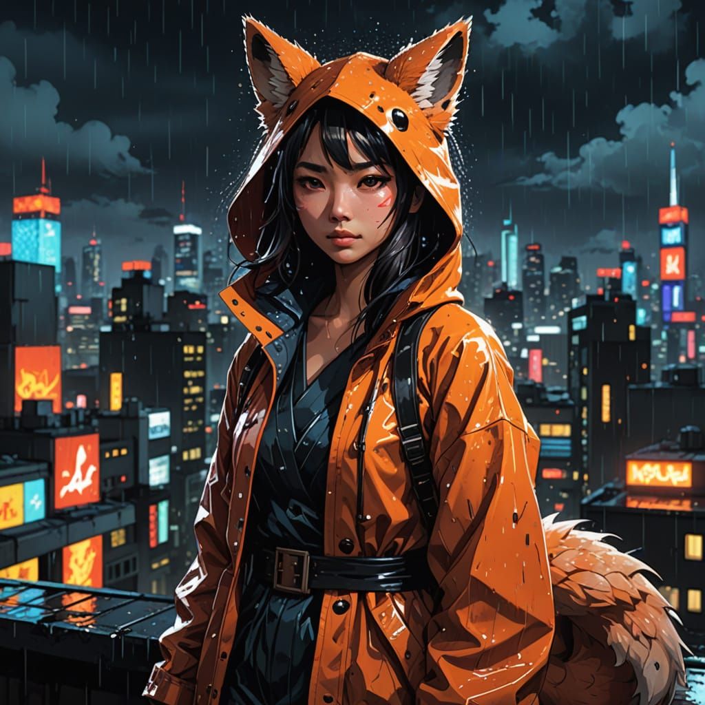 Epic Fantasy Kitsune Goddess on a Neon Rooftop