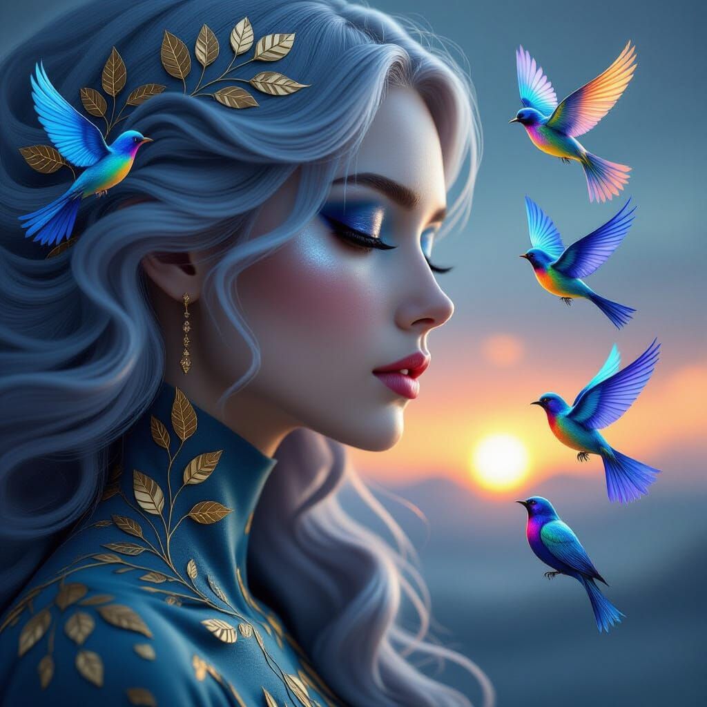 A surreal, ethereal close-up digital artwork of a woman’s pr...