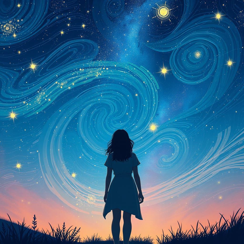 Woman Gazing at Starry Sky in Dreamy Landscape