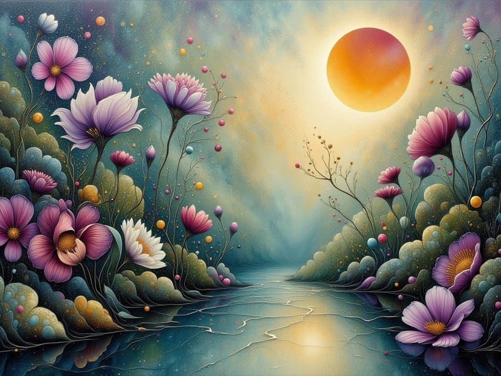 Surreal Garden Dissolves in Twilight as Fluid Art