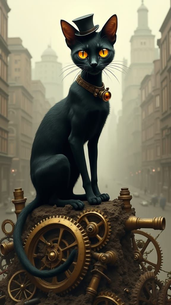 Steampunk Cat in Sepia Cityscape