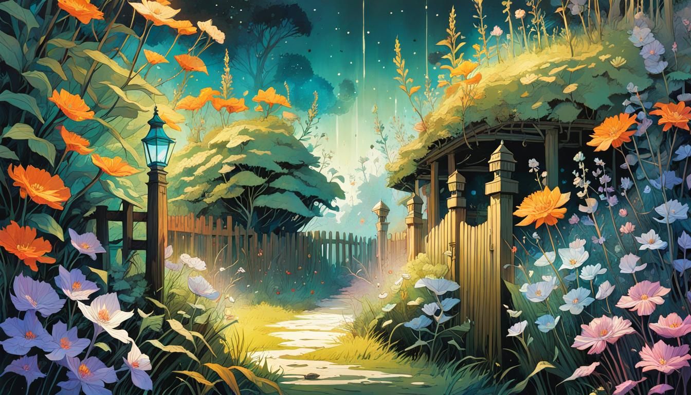 Blooming Wildflower Field with Birds, Digital Art