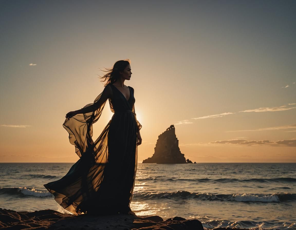 Vibrant Seascape Silhouette at Sunset in Photorealistic Styl...