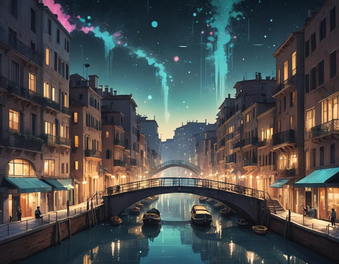 Bioluminescent Art Deco Canal Under Nebula Sky