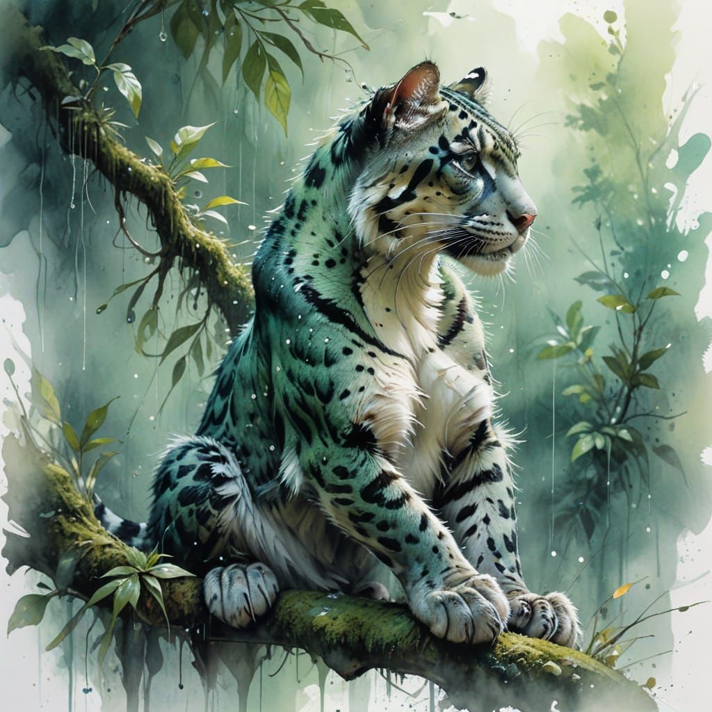 Clouded Leopard in Rainy Rainforest, Hyperrealistic Art